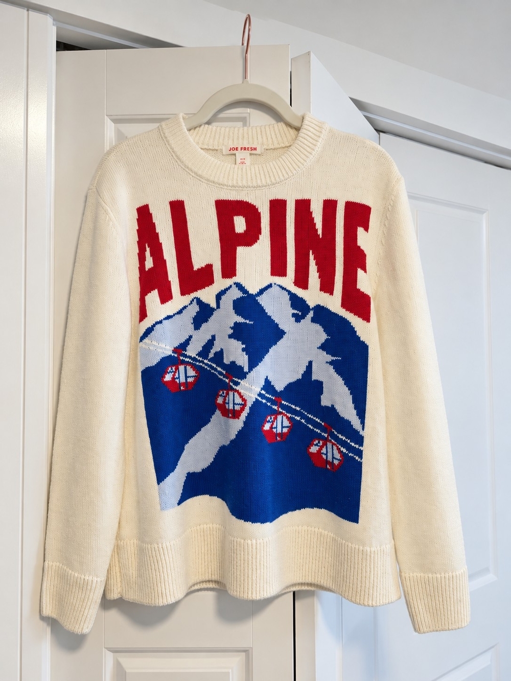 Joe Fresh Cream Crewneck Sweater with Blue Mountain and Red 'ALPINE'